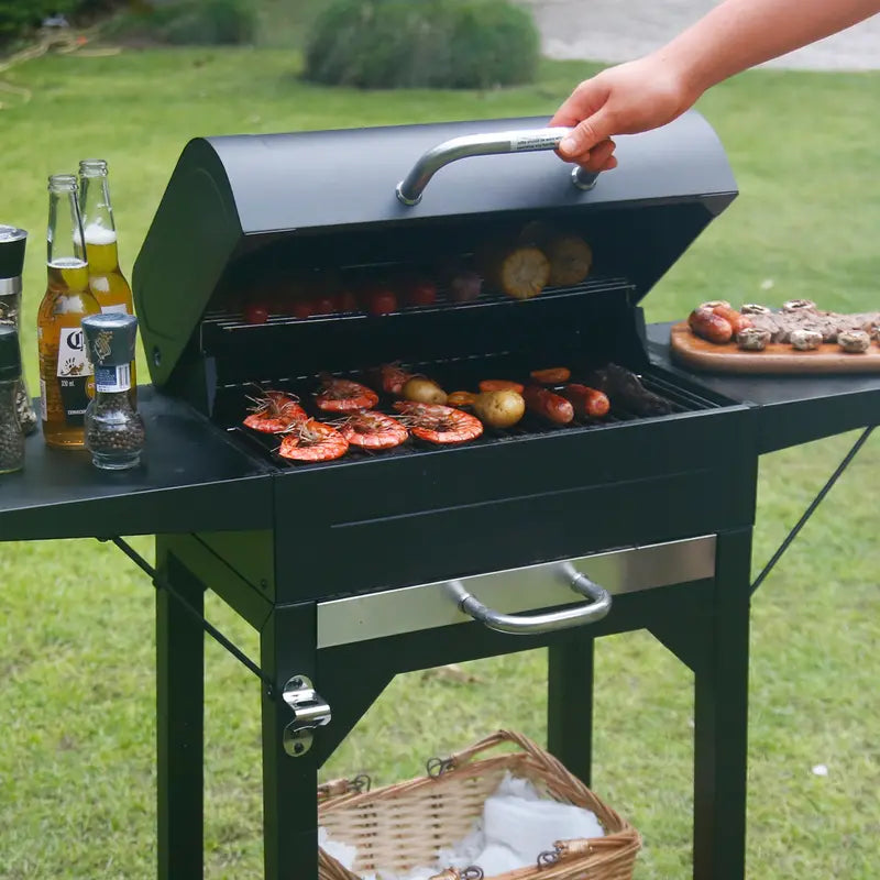 MASTER COOK Charcoal Grill with Two Side Tables, Heavy-duty Steel Barbecue BBQ Grill for Outdoor Picnic Backyard Patio and Parties, Black