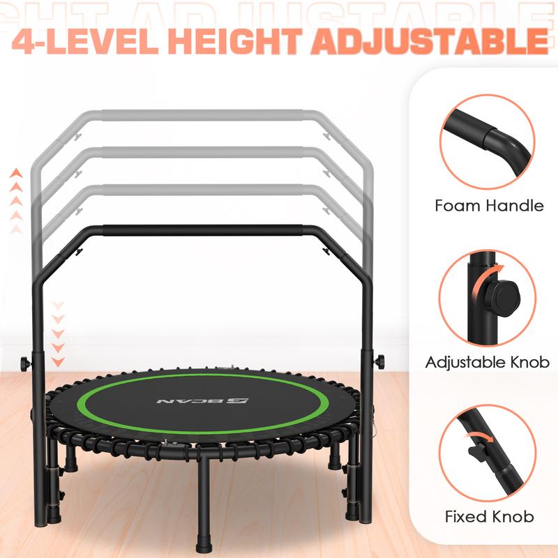BCAN 550 LBS Foldable Mini Trampoline, 40 Fitness Trampoline with Bungees, Adjustable Foam Handle/T-Handle/No Handle, Stable & Quiet Exercise Rebounder for Adults
