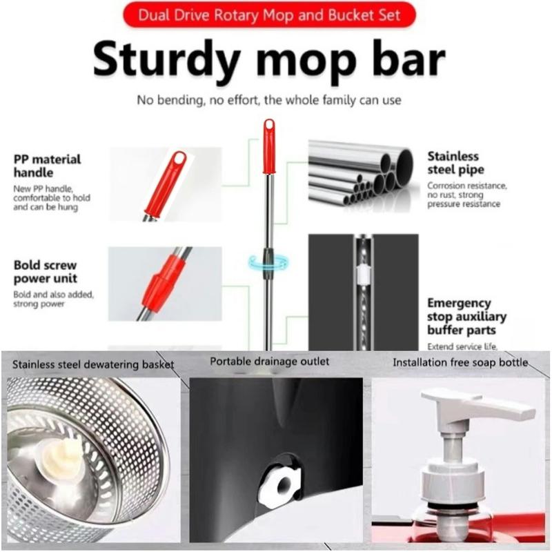 Spin Mop Bucket with Wringer Set, Operable 360 ° Rotating Mop Bucket Set, with 3 Microfiber Replacement Head ,Stainless Steel Mop Bucket 61 Inch Adjustable Handle Household Cleaning Tools Black Plastic