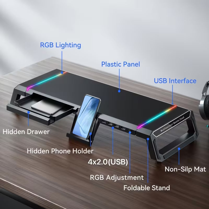 Multi‑Function Monitor Riser – Foldable & Height‑Adjustable Stand with USB Hub, Storage Drawer for Laptops, Tablets & Smartphones – Desktop Organizer