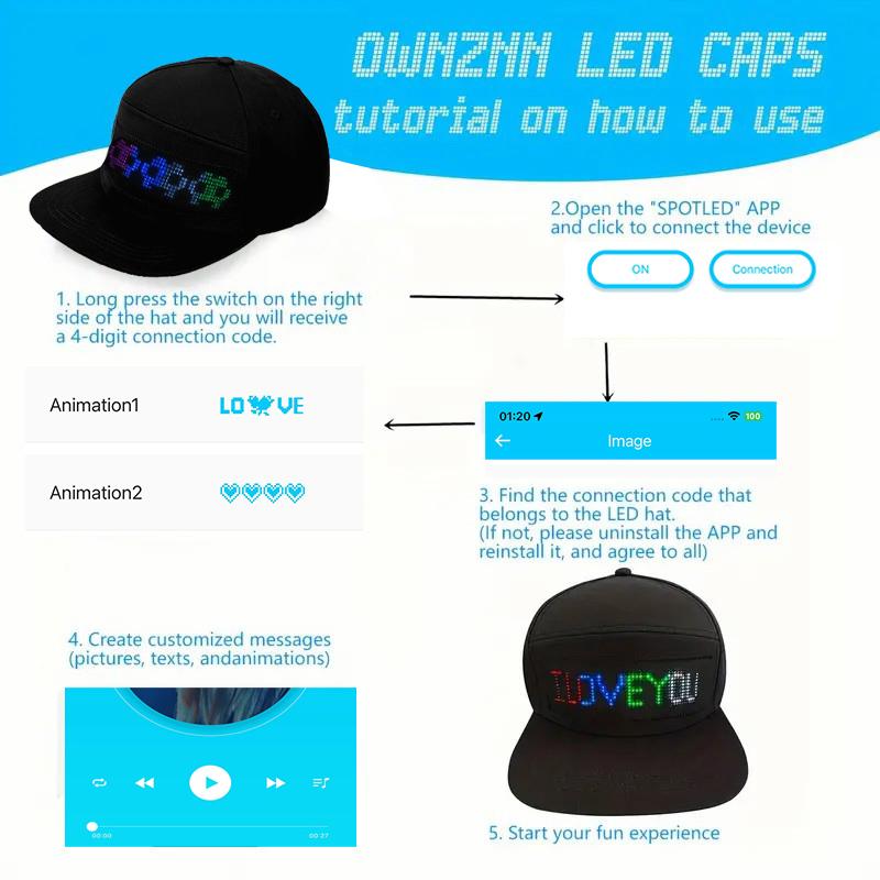 LED Rolling Display Hat Customized Gif Picture And Text Bluetooth App Controlled Detachable Led Display Baseball Cap BlackFriday High-Quality Materials & Versatile Use