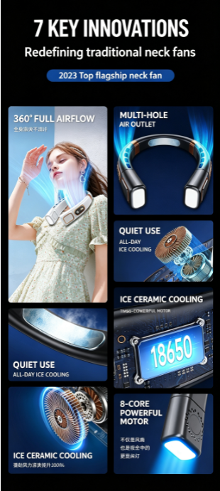 Wearable Neck Fan, Ice Ceramic 1s Instant Cooling, Up To 36H Playtime, 5 Wind Speed Adjustment, LED Power & Gear Display, 360° Omnidirectional Airflow, Low-Noise Motor, Type-C Fast Charging, Ambient Lighting for Camping Travel Outdoor Work