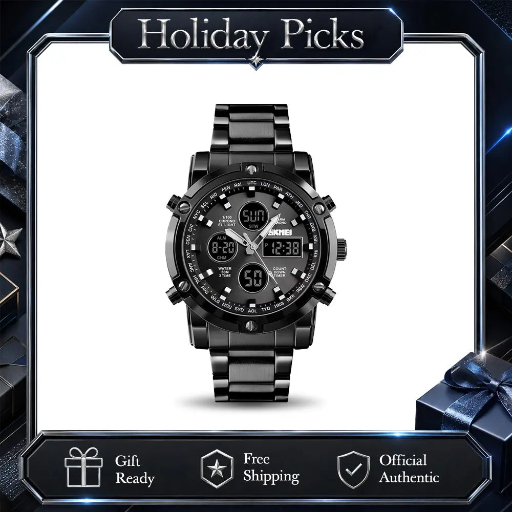 SKMEI Men's Casual Digital Quartz Watch, 48mm Big Face Analog-Digital Display with Stainless Steel Band, 30M Waterproof, Stopwatch, and Backlight, Casual Watch