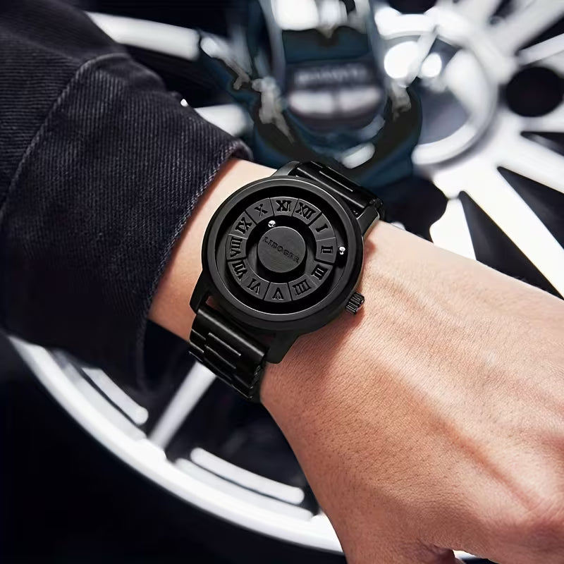 2026 Hot Selling Creative Rolling‑Steel‑Ball Men Quartz Wrist Watch, No‑Glass Touch‑To‑Read Dial, Retro Business Fashion Black Steel Band Men’s Watch