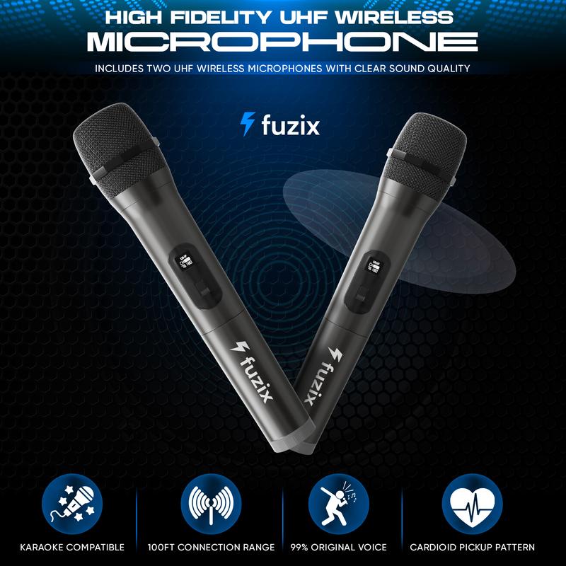 Nova Portable Rechargeable Karaoke Bluetooth Speaker by Fuzix – Dual Wireless Microphones, Dynamic LED Lights, FM Radio, USB, Micro SD with Remote Audio Card Remote Control