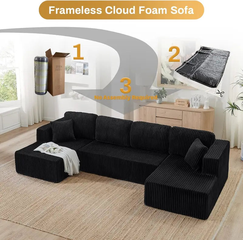 [3 Packs Shipped] [8 Free Pillows] Niccae Large U-Shaped Sectional Sofa, Compressed Corduroy, Modern Living Room Sleeper Sofa, Space-Saving Design (3 Packs Shipped) - Convertible Corduroy Sectional Sofa