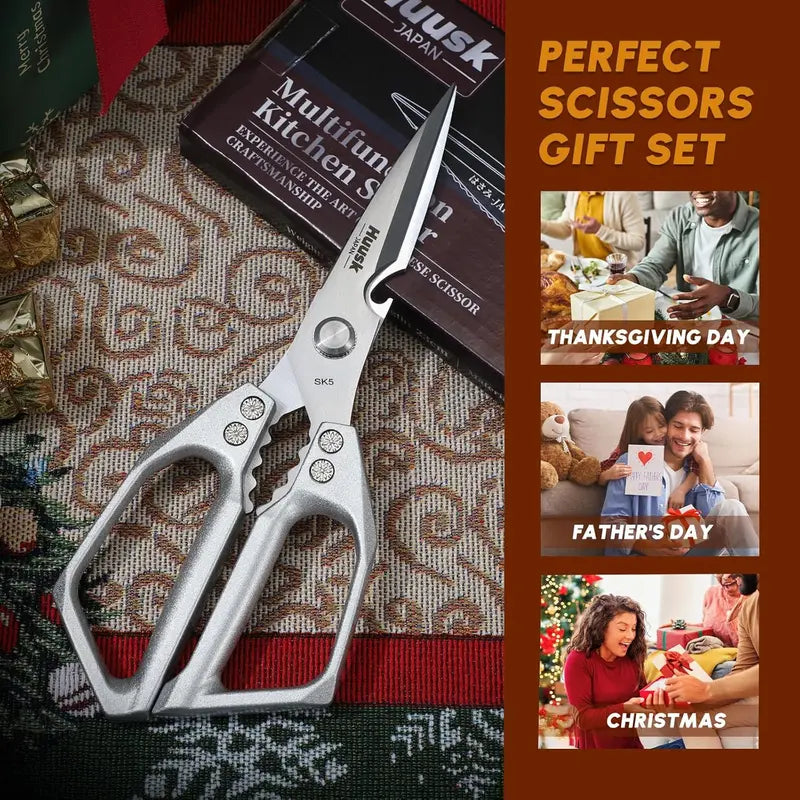 Kitchen Scissors All Purpose -FallFreshness- Stainless Steel Kitchen Shears, Sharp Silver Meat Scissors, Dishwasher Safe, Heavy Duty Poultry Shears, Japanese Cooking Scissors for Food, Chicken Bones, and Turkey – Perfect Father's Day Gift!