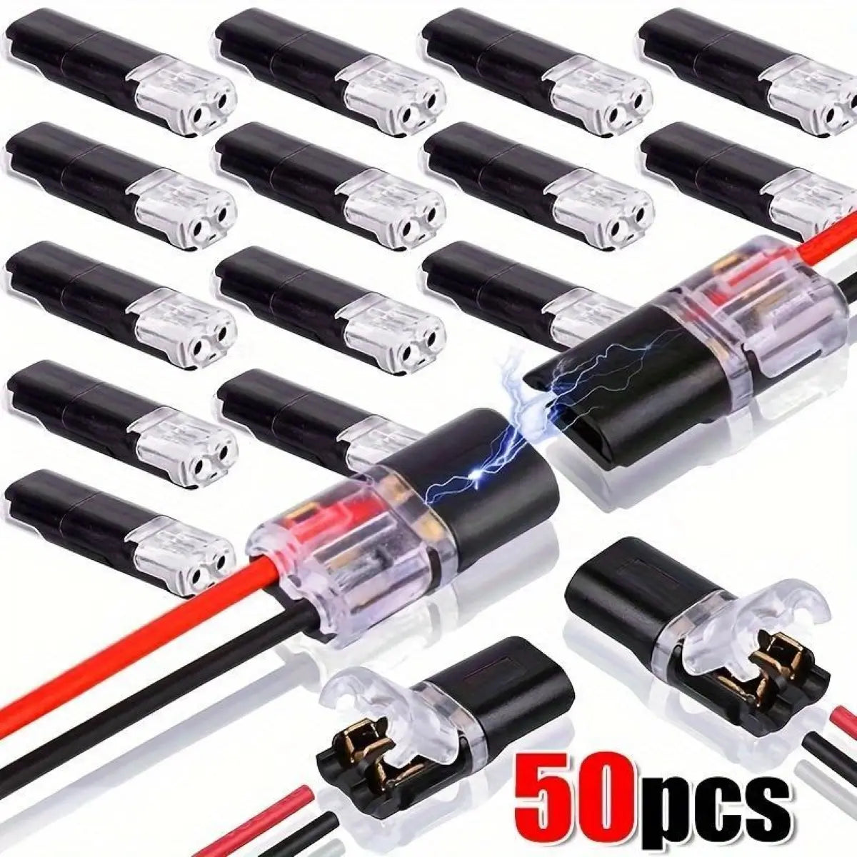 50 Durable Copper Quick Splice Solderless Crimp Connectors - Dual Pin 2-Way Snap-in Blocks, Tool-Less Plug-and-Play Bulk Pack for LED Lights, Automotive Low Voltage Accessories, AWG 18-22 Electrical Wires, Led Light