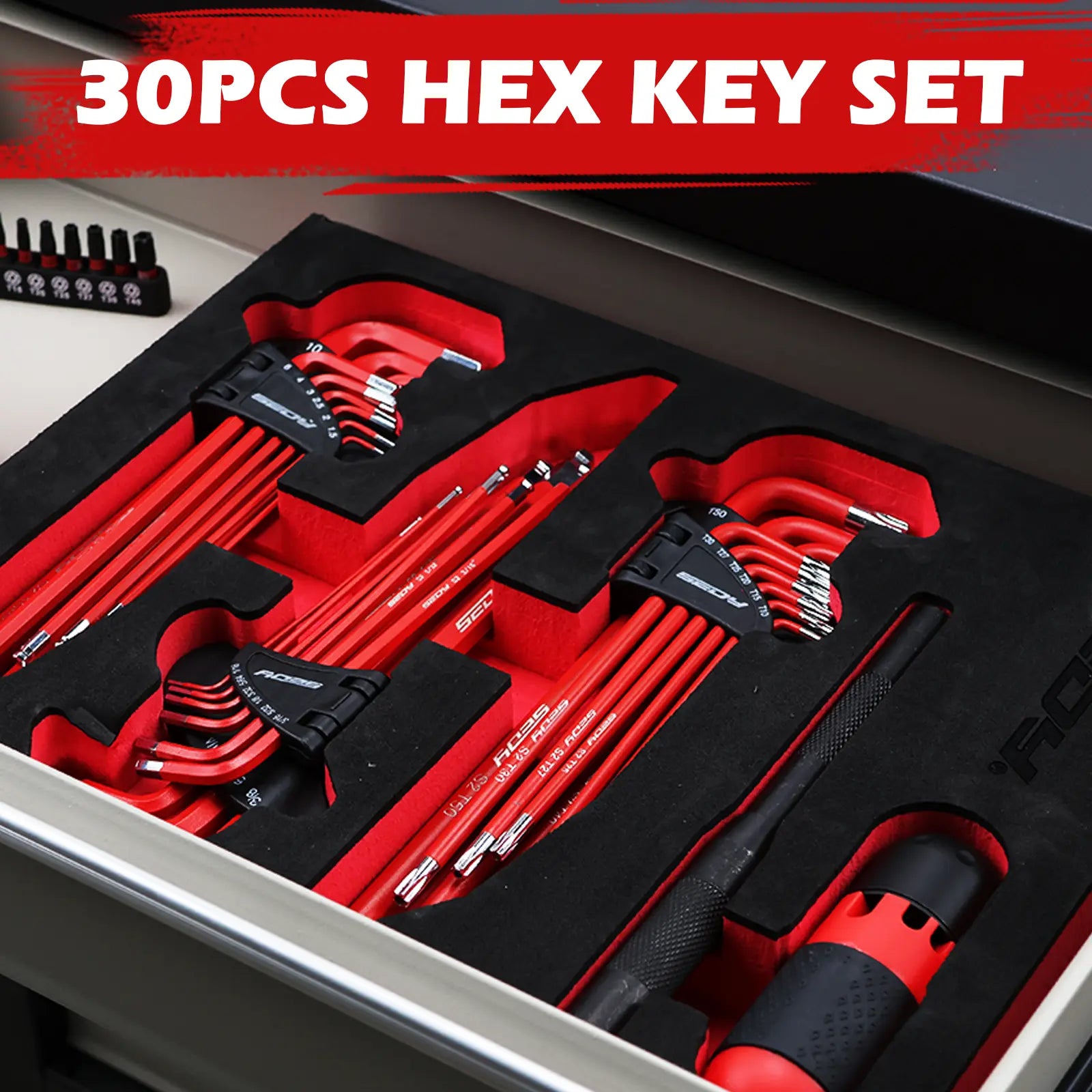 30-Piece Long Arm Ball End L-Hex & Torx Key Tool Kit Set, Hex Combination Wrench with Grip Handle, T-Handle & Extension Bars, SAE 1/16"-3/8", Metric 1.5mm-10mm, Torx T10-T50, Specialty Mechanic Tools for Mechanics, Christmas Gift,father