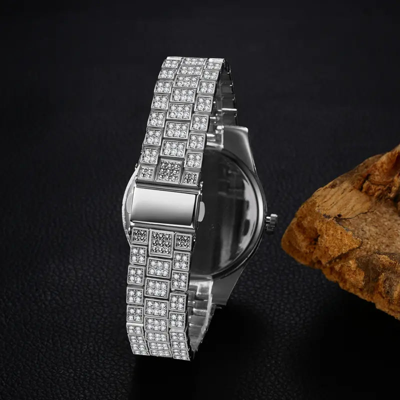 Men's Rhinestone Diamond Watch: Luxury Roman Numeral Quartz Analog Watches for Men Waterproof Date Wrist Watch Business Casual Dress Watch Iced Out Watch