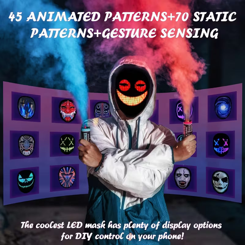Face Transforming LED Mask, Bluetooth App Programmable, Gesture Control, 115 Built-in Patterns, DIY Custom Edit, Light Up Mask for Halloween, Bar, Carnival Party (Battery Not Included)