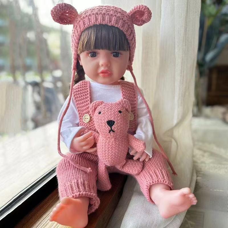 22 Inch Realistic Reborn Doll with Bear & Bottle & Pacifier & Diaper, Cute Long Hair Doll, Ideal Gift for Teenager and Collectors, Gorgeous Doll