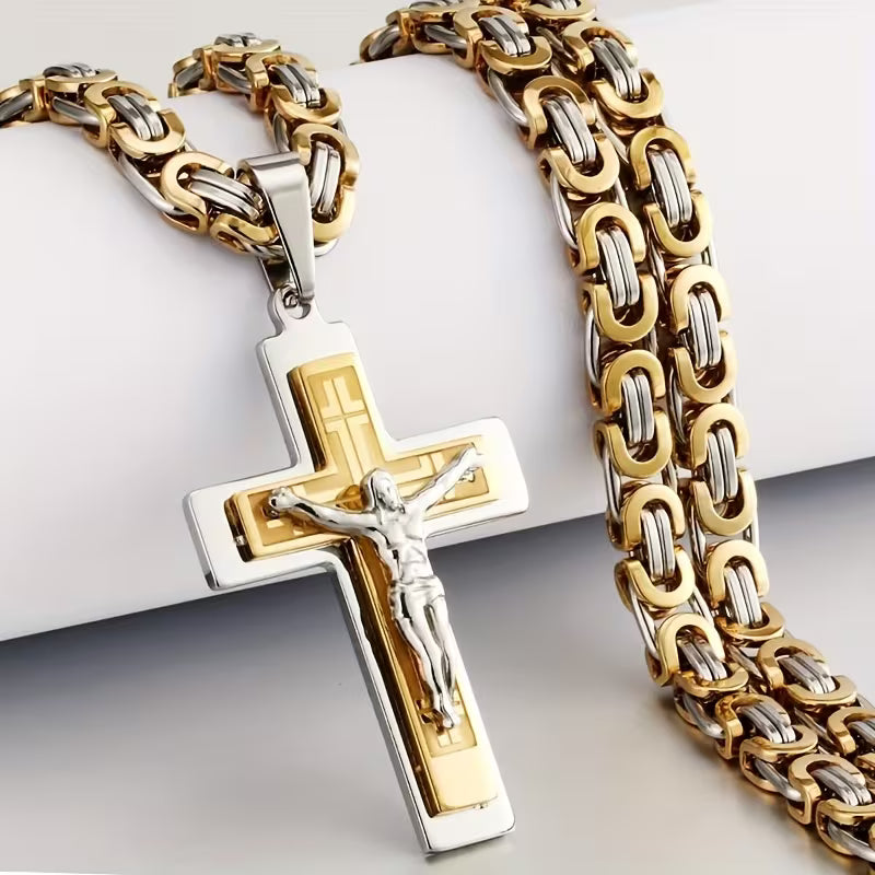 Men’s Silver‑Tone Stainless Steel Triple‑Layer Cross Pendant Necklace, Hand‑Made U‑Shape Flat Link Chain, Trendy European‑American Titanium Steel Jewelry for Men, Daily Wear & Gift Accessory