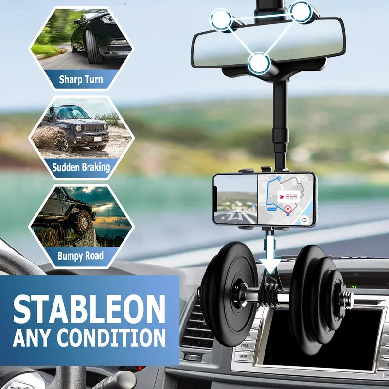 Rearview Mirror Phone Holder for Car, 360° Rotating Rear View Mount with Adjustable Arm Length, Multifunctional and GPS Universal Car All Smartphones