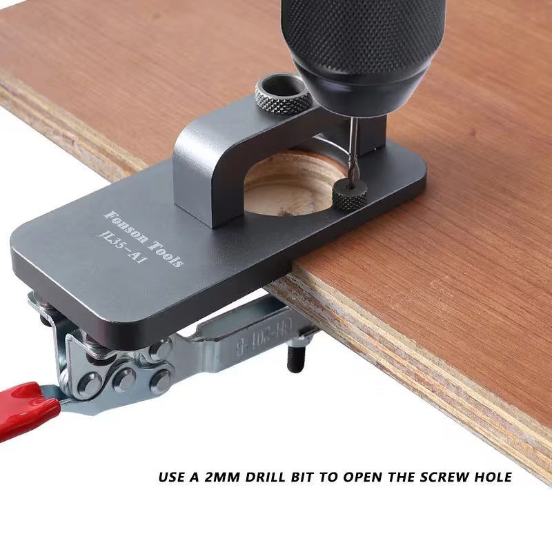 35mm Hinge Hole Opener, Cabinet Door Hinge Drilling Locator, Heavy-Duty Manual Woodworking Drill Guide Jig, Precision Door Hinge Template with Alignment Bracket, Aluminum Alloy Structure