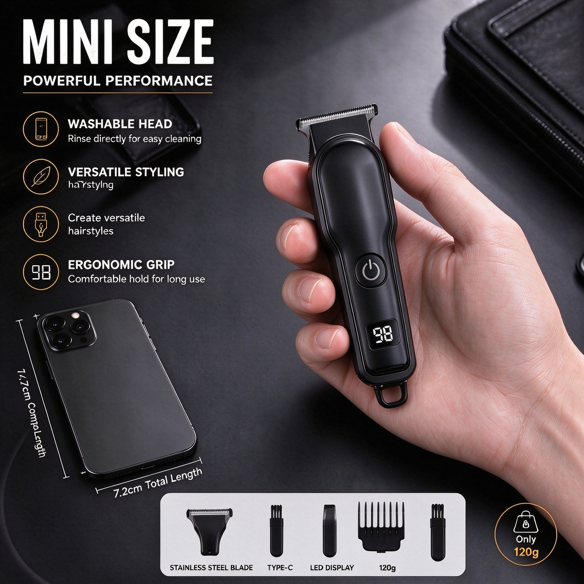 Handheld Mini Men'S Hair Clipper, Ultra-Light Portable Travel Essential Hair And Beard Trimmer, Professional T-Shaped Zero-Gap Blade Head Fine Sculpting Shear USB Rechargeable Low Noise Electric Trimmer