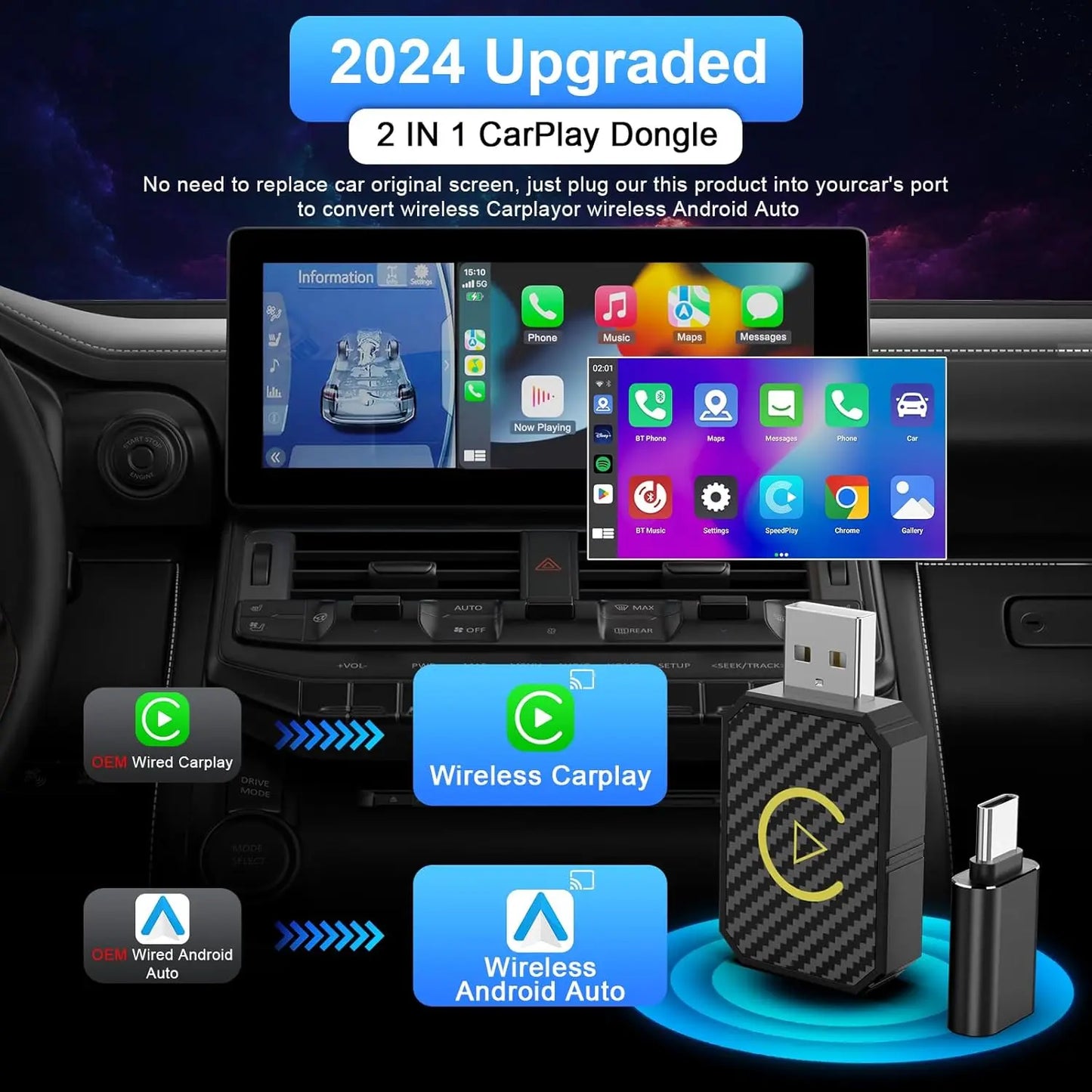 【Mother's Day】Yurnlv Wireless Apple CarPlay Adapter for Factory Wired Cars from 2016 Onwards - 2-in-1 Wireless CarPlay & Android Auto Adapter Easier Connectivity Compatibility Stable, Faster, Automotive