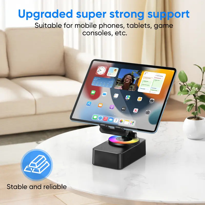 Wireless Audio Induction Bluetooth Speaker with Emergency Charging 5in1 Phone Holder Power Bank LED Nightlight for Tablet iPhone Android 5.3 Connectivity 1500mAh Battery 100Hz-20kHz Frequency Response New Design Durable Smart Device