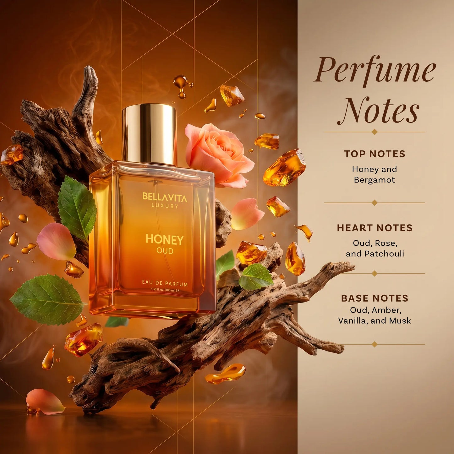 Bella Vita Luxury's Honey Oud | Eau de Parfum 100ml (3.4 fl oz) | Patchouli, Vanilla, Bergamot | Floral & Spicy | Made with Clean & Vegan Essentials Oils | Cruelty Free Fragrance Perfume image 4