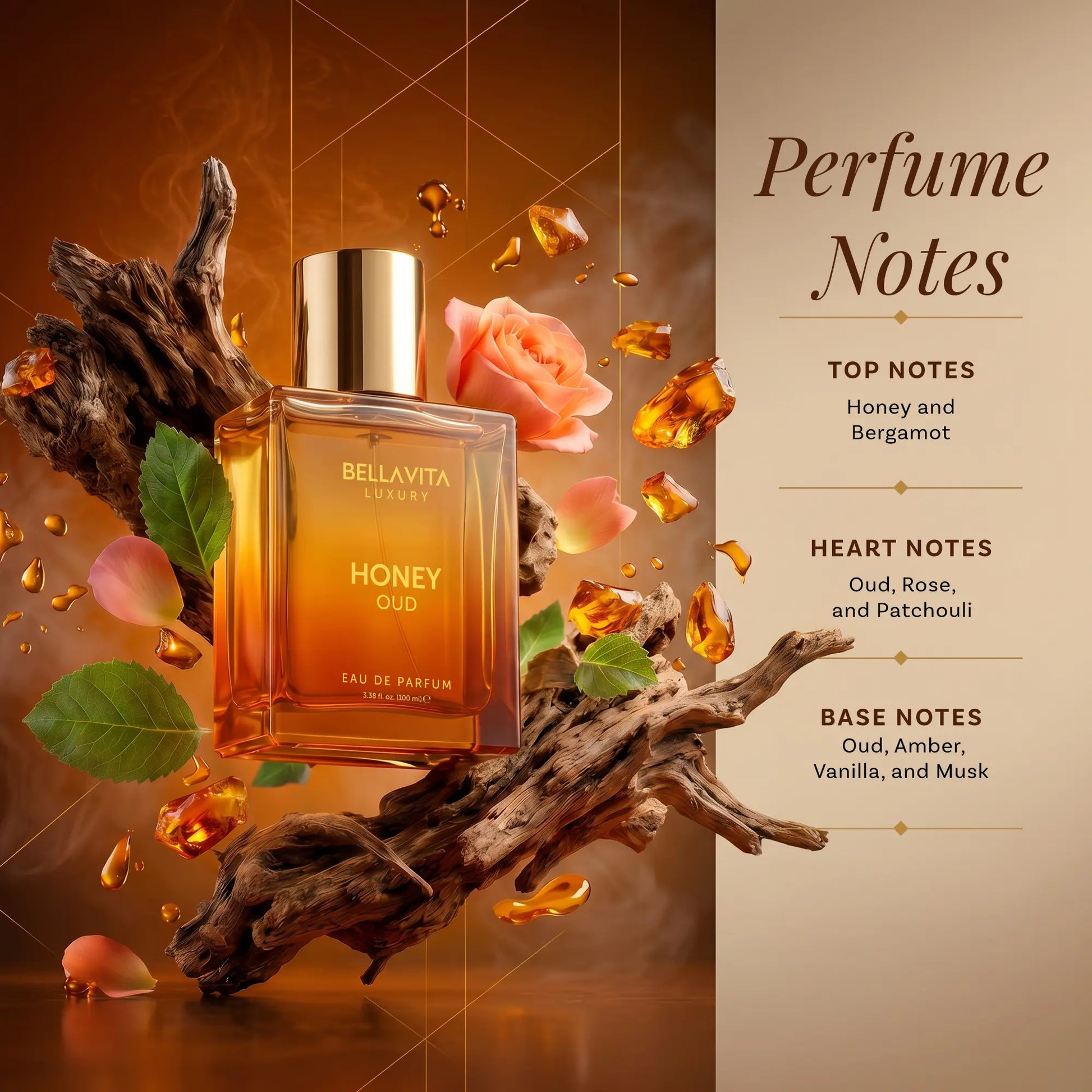 Bella Vita Luxury's Honey Oud | Eau de Parfum 100ml (3.4 fl oz) | Patchouli, Vanilla, Bergamot | Floral & Spicy | Made with Clean & Vegan Essentials Oils | Cruelty Free Fragrance Perfume image 4