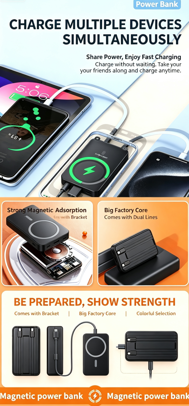 [New 2026] Fast Charging Magnetic Wireless Power Bank, 10000mAh Large Capacity Portable Charger with Built-in Cable, Compatible with iPhone 12 and Above, All Android Phones with Magnetic Charging Function