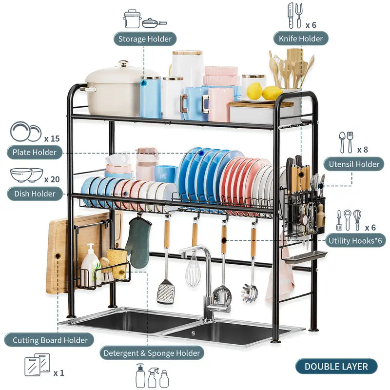 【Special offer】San Dream Over Sink Rack Kitchen Over The Sink Dish Drying Rack Organizer Large Space Saving Dish Drainer Countertop Dishes Rack On Counter Caddy Utensil Metal Organizer 1&2 Tiers