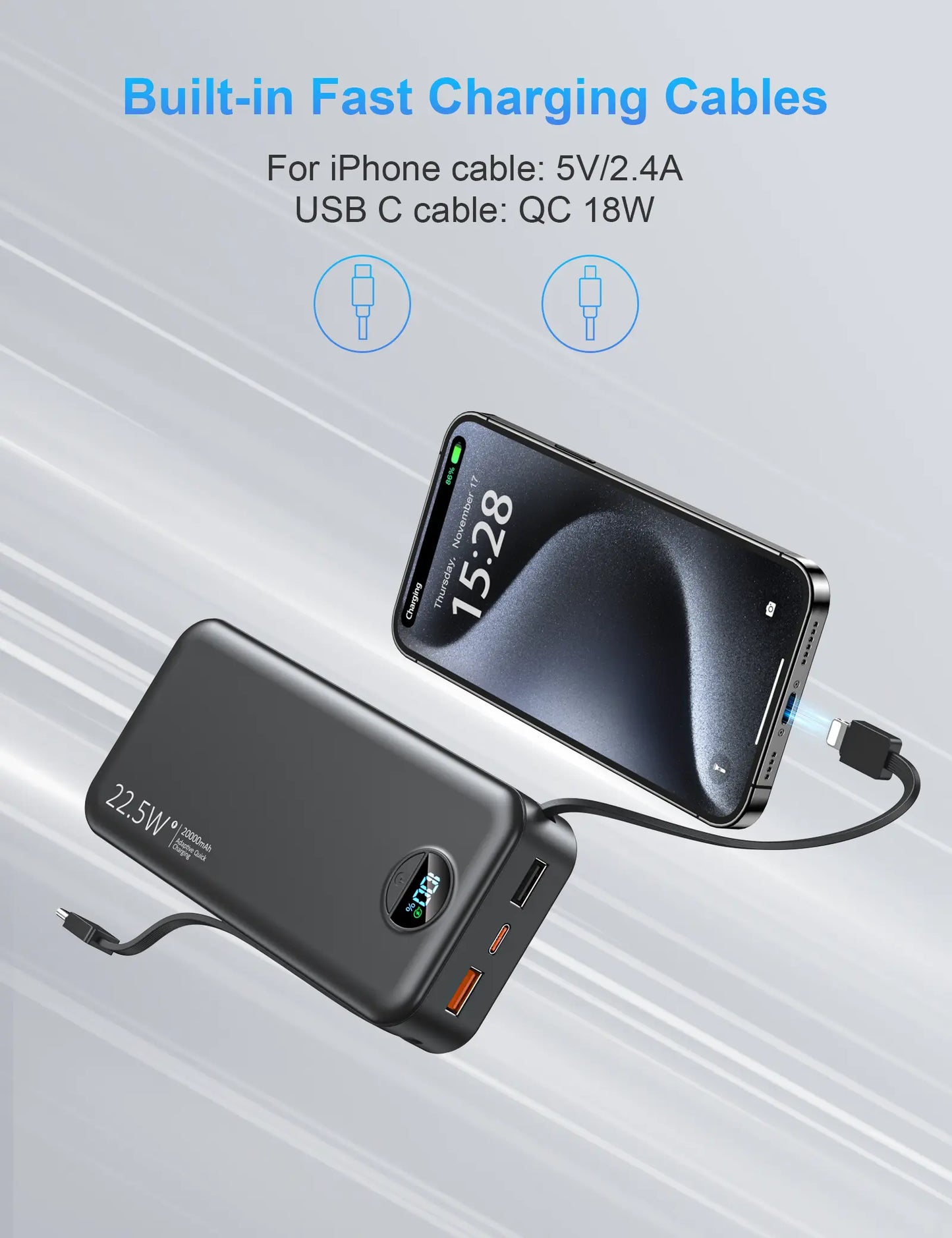 Summerwins 20000mAh Portable Power Bank - Compact, 22.5W Max Fast Charging, Built-in Wall Charger, Foldable AC Plug, Built-in Cable for iPhone 15 Series, Galaxy, USB-C Android Smartphones, Devices, Travel Use image 4