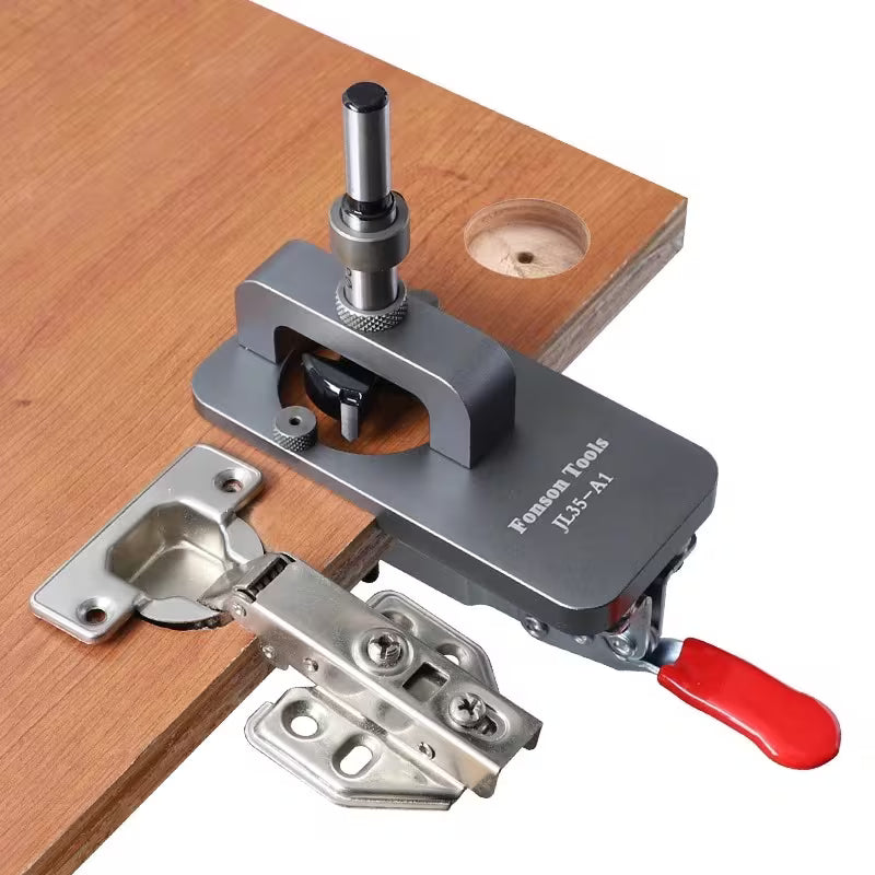 35mm Hinge Hole Opener, Cabinet Door Hinge Drilling Locator, Heavy-Duty Manual Woodworking Drill Guide Jig, Precision Door Hinge Template with Alignment Bracket, Aluminum Alloy Structure