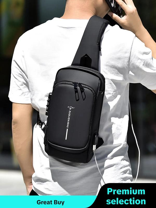 Letter Pattern Zipper Pu Sling Bag with Password Lock for Summer 2024, Waterproof Travel Business Chest Bag, Male Simple All-match Crossbody Bag As Gift, Designer Inspired Bags, 80s Luxury Aesthetic Crossbody Bags Valentine's Day, Gift for Him, Work Bag