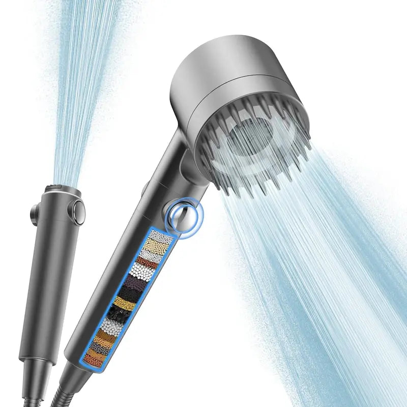 Handheld Filter Shower Head High-Pressure Power Wash - 4-Setting Massage Spray, 150cm Hose, Chrome Finish, Easy Install, Low Flow, One-Touch Water Stop, Adjustable Pressure, Micro-Technology Nozzles