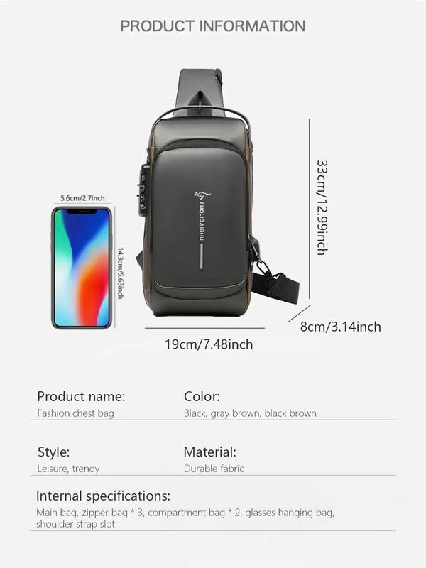 Letter Pattern Zipper Pu Sling Bag with Password Lock for Summer 2024, Waterproof Travel Business Chest Bag, Male Simple All-match Crossbody Bag As Gift, Designer Inspired Bags, 80s Luxury Aesthetic Crossbody Bags Valentine's Day, Gift for Him, Work Bag