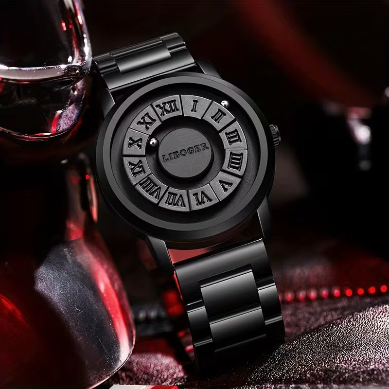 2026 Hot Selling Creative Rolling‑Steel‑Ball Men Quartz Wrist Watch, No‑Glass Touch‑To‑Read Dial, Retro Business Fashion Black Steel Band Men’s Watch