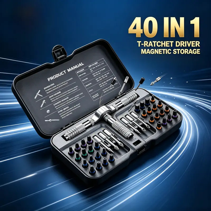 【26new】 40 in 1 Magnetic Ratchet Screwdriver Set with 38 Alloy Steel Bits,T-Handle,Smooth Ratcheting,Strong Magnetic Grip,Rust-Resistant,Portable Compact Tool Kit for Furniture,Bicycle,Home Appliance Repair,Ideal,HandymanDIY Lovers