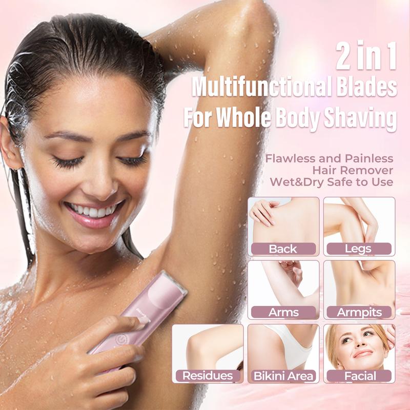 Bikini Trimmer for Women, Electric Shaver and Razor Rechargeable 2-in-1 Body and Facial Epilator, Dual Heads for Painless Trimming of Pubic Hair, Face, Underarms and Legs, IPX7 Waterproof. Christmas Gift New Year Gift Shaving Grooming