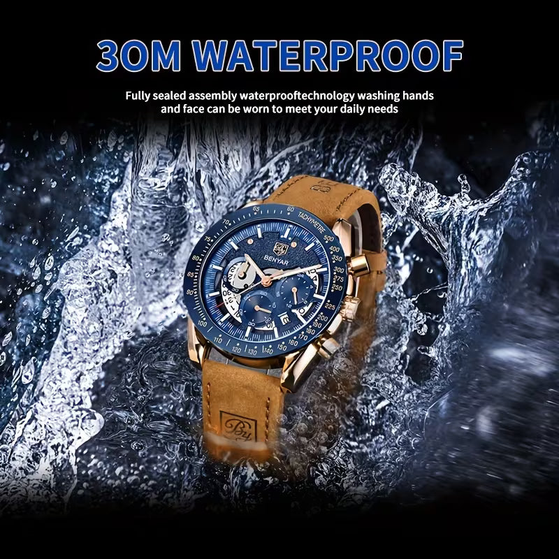 BENYAR Men’s Watch, Chronograph Analog Quartz Wristwatch, Fashion Sports Designer Timepiece, Waterproof Multi-Functional Trendy Quartz Watch, Ideal Gift Choice for Men