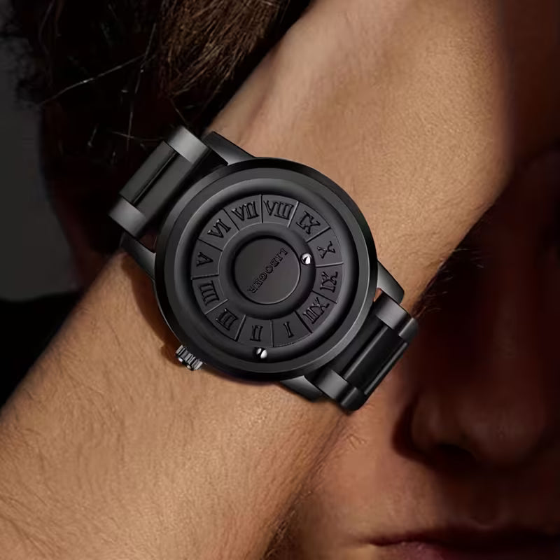 2026 Hot Selling Creative Rolling‑Steel‑Ball Men Quartz Wrist Watch, No‑Glass Touch‑To‑Read Dial, Retro Business Fashion Black Steel Band Men’s Watch