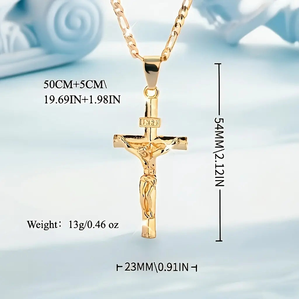 Men's Vintage 14K Gold-plated Jesus Cross Pendant Necklace With Smooth Chain Religious Jewelry For All Year Round Easter Graduation Gift image 4