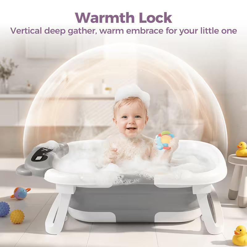 3‑Fold Smart Temperature‑Sensing Baby Bathtub, Home Use Newborn Bath Tub, Sit & Lie Supported, Collapsible Infant Shower Tub for Baby Bathing