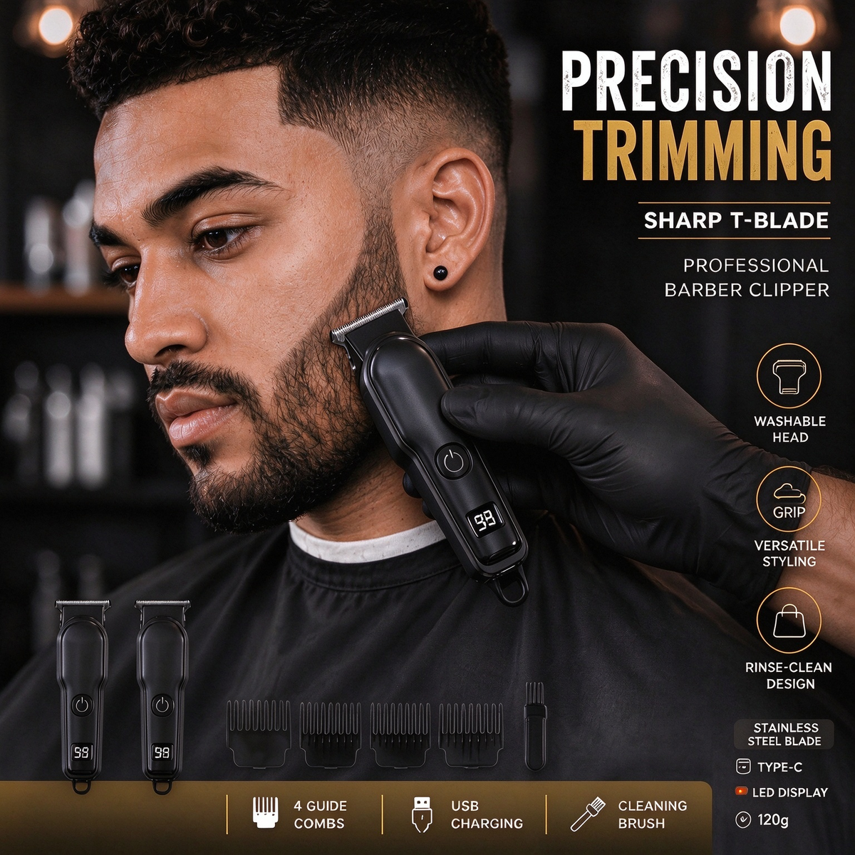 Handheld Mini Men'S Hair Clipper, Ultra-Light Portable Travel Essential Hair And Beard Trimmer, Professional T-Shaped Zero-Gap Blade Head Fine Sculpting Shear USB Rechargeable Low Noise Electric Trimmer