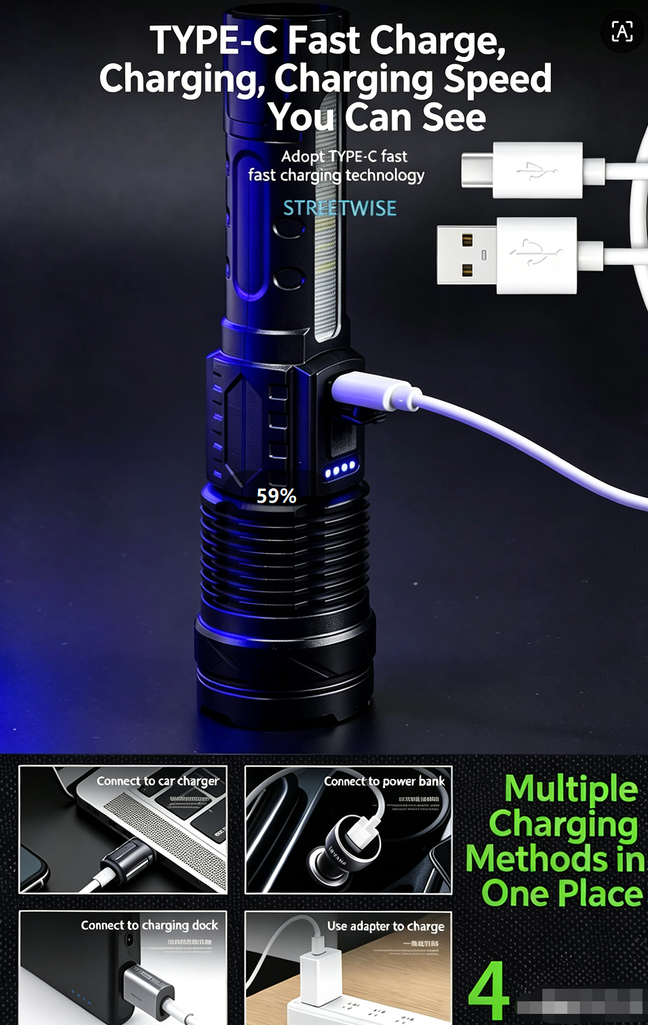 【2026 New】2-Pack Outdoor High-Brightness Flashlight – Aluminum Alloy Body, White Laser Telescopic Zoom, Searchlight, Long-Lasting Outdoor Illumination Light, Built-in 1200mAh Battery