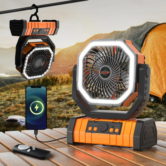 20000mAh  Rechargeable Camping Fan with LED Light, Portable Multi-functional Fan with 360° Rotating Hook, Oscillating Emergency Camping Fan Cordless Rotatable Battery Powered Lightweight