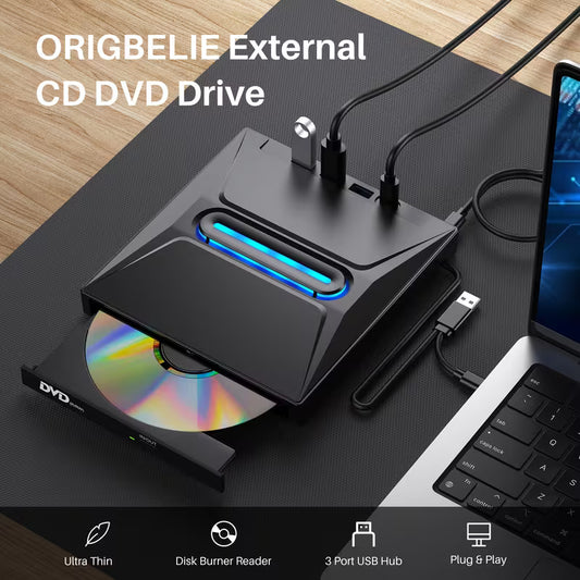 8‑in‑1 Glow‑in‑Dark External DVD Drive – USB 3.0 Type‑C CD/DVD Burner with 3‑Port USB Hub, TF/SD Card Reader, Compatible with Laptops & Desktops (Windows/Linux)