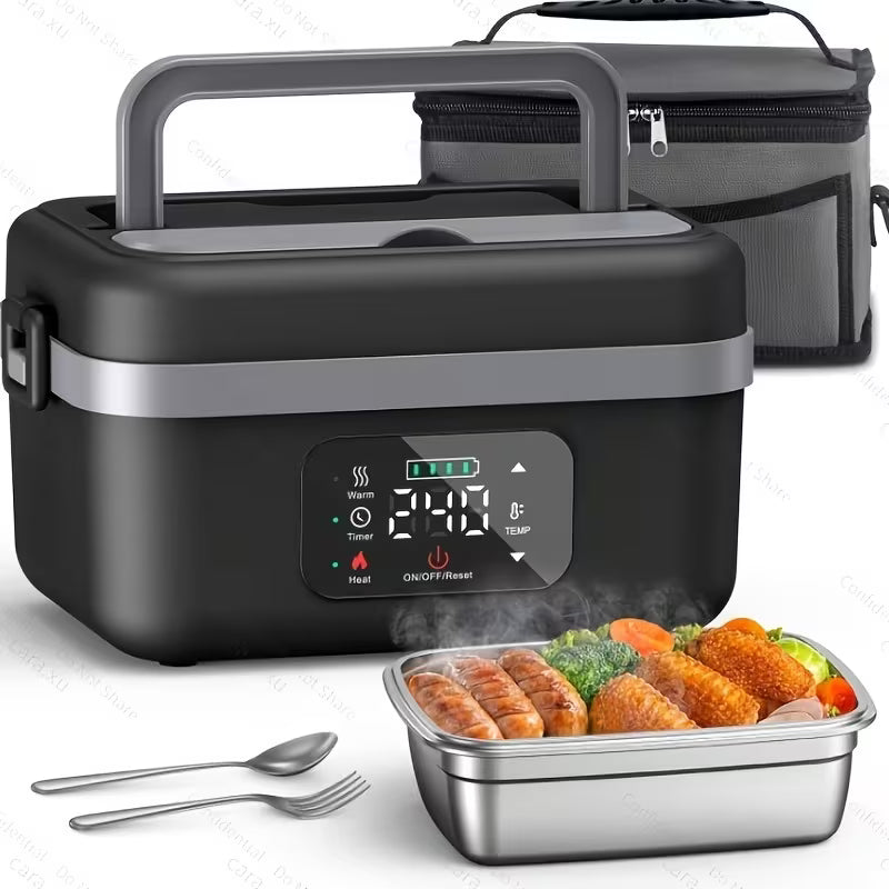 Portable Digital Display Heated Lunch Box, 8000mAh Rechargeable Insulated Bento Box, Stainless Steel Inner Pot with Heat Insulation Layer, Water-Free Wireless Heating, Works as Phone Power Bank, Heated Food Container for Office, School, Car & Camping