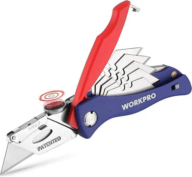 #fathersdaygift WORKPRO Folding Utility Knife, Quick-Change Box Cutter, Blade Storage in Handle with 5 Extra Blades Included