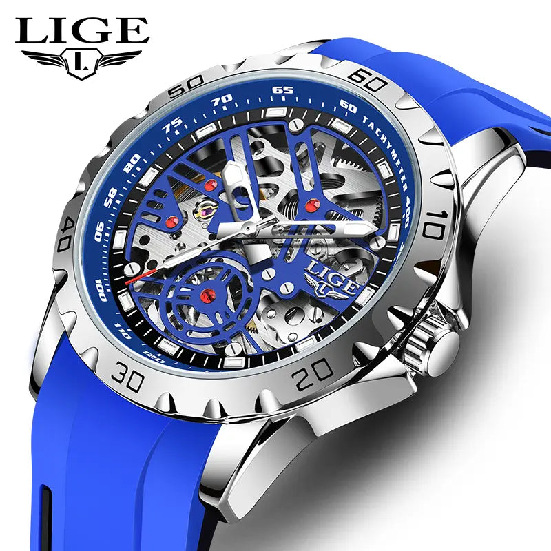 LIGE Men's Skeleton Mechanical Watch, 43mm Casual Wristwatch with Stainless Steel Case and Silicone Strap, Luminous Dial, 30m Water Resistant, Mechanical Style Watches