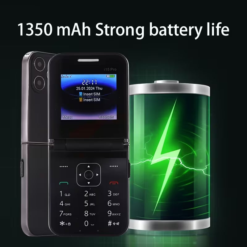 i15Pro Flip Feature Phone – 2.4” Screen, Dual SIM, Big Buttons, Ultra‑Long Standby, 2G Network – Simple Communication Phone for Seniors & Backup Use