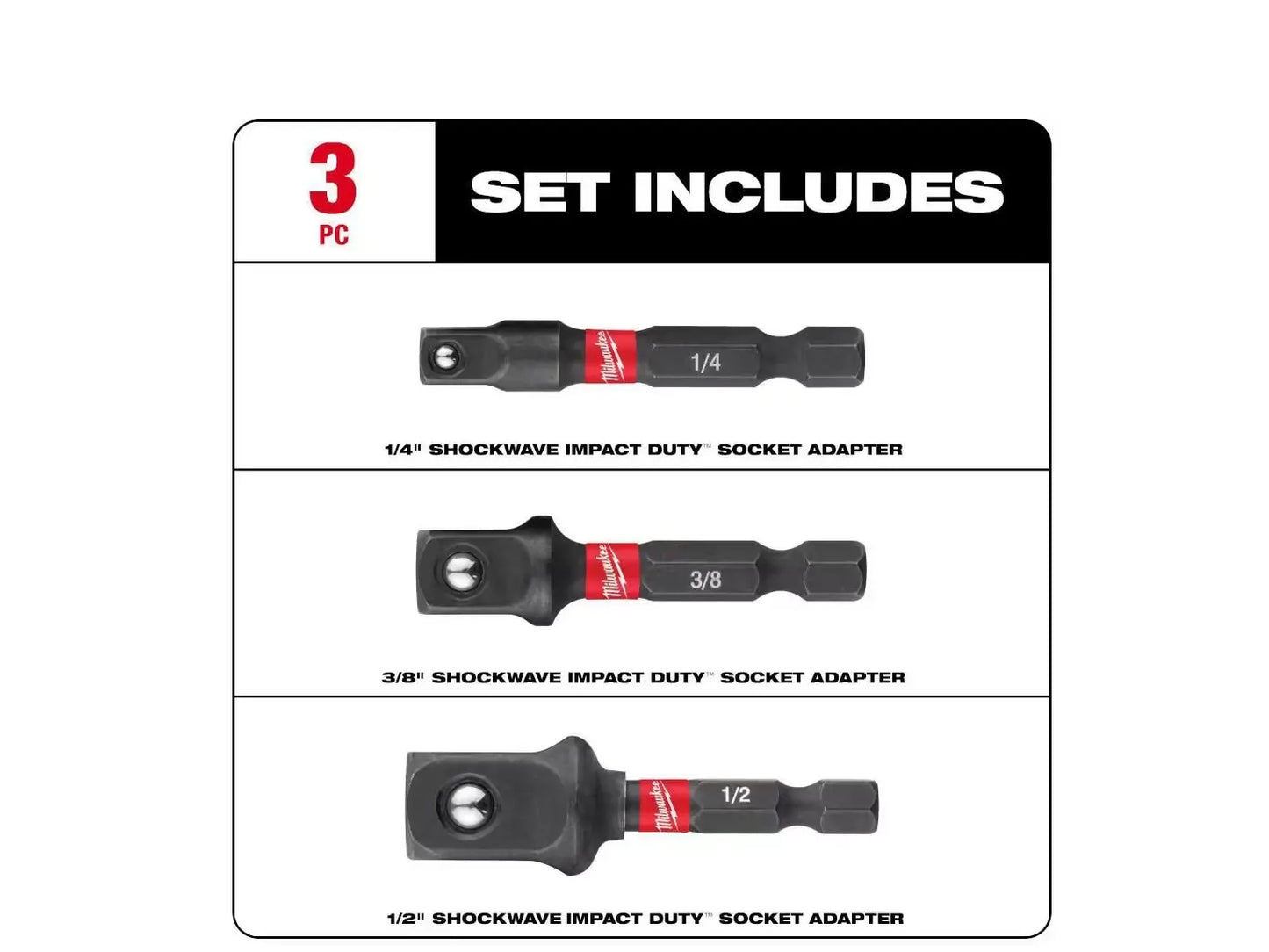 Milwaukee/Makita 3PC 1/4''-hex Impact Socket Adapter Set 1/2, 1/4, and 3/8 in Sockets for Secure Fastening and Extreme Durability image 4