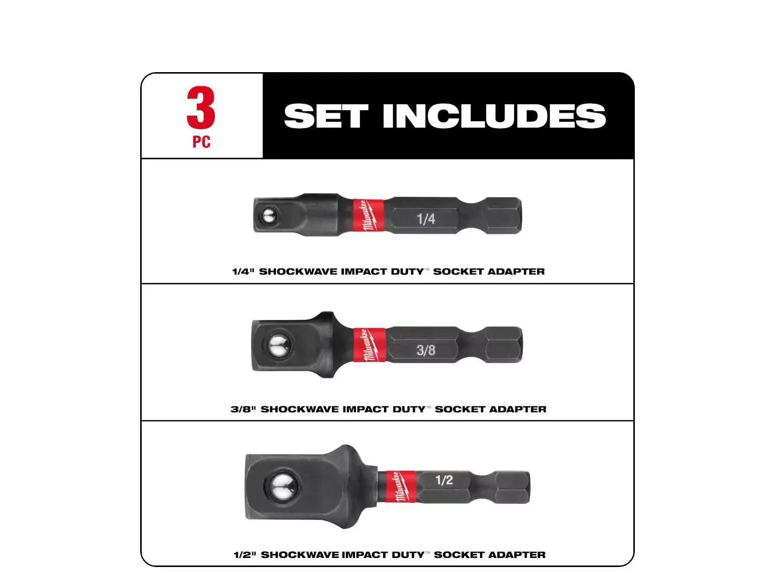 Milwaukee/Makita 3PC 1/4''-hex Impact Socket Adapter Set 1/2, 1/4, and 3/8 in Sockets for Secure Fastening and Extreme Durability image 4