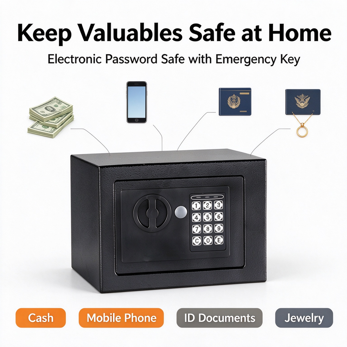 Mini Digital Safe Box, Electronic Password Safe with Emergency Key, Solid Steel Safe Cabinet for Home, Small Shop, Office, Hotel, Store Cash & Important Documents