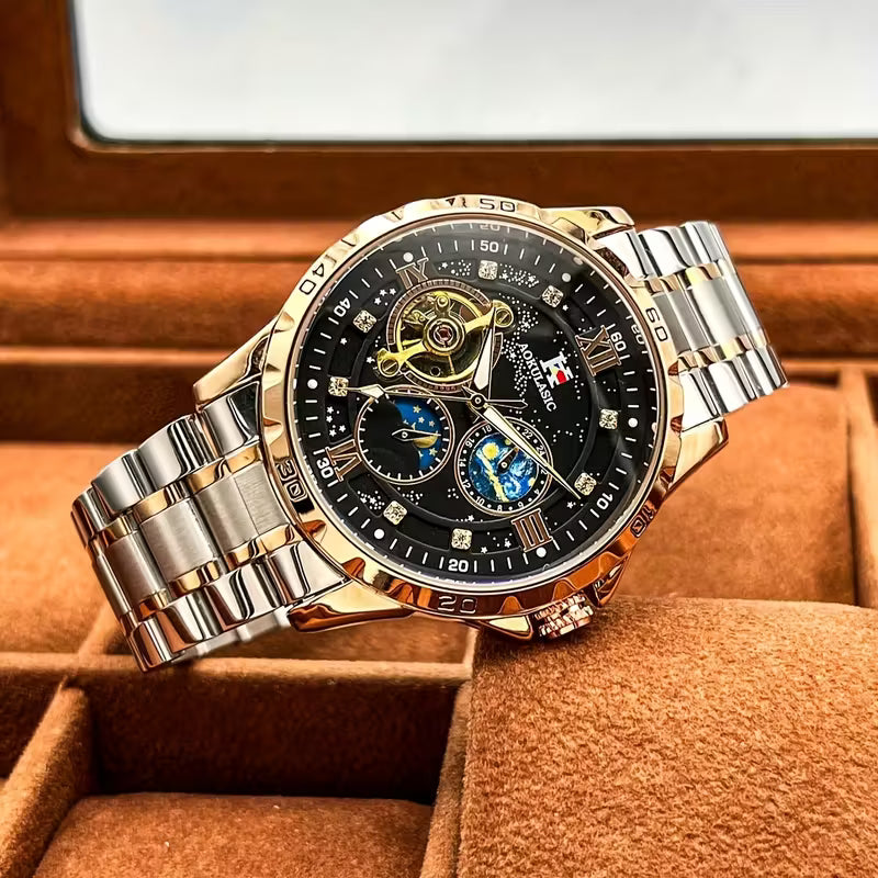 AOKULASIC Men Tourbillon Skeleton Automatic Mechanical Watch, Diamond Starry Luminous Dial, Moon Phase Function, Large Dial Waterproof Wristwatch，Business Casual Men Watch, Christmas New Year Thanksgiving Birthday Gift for Men